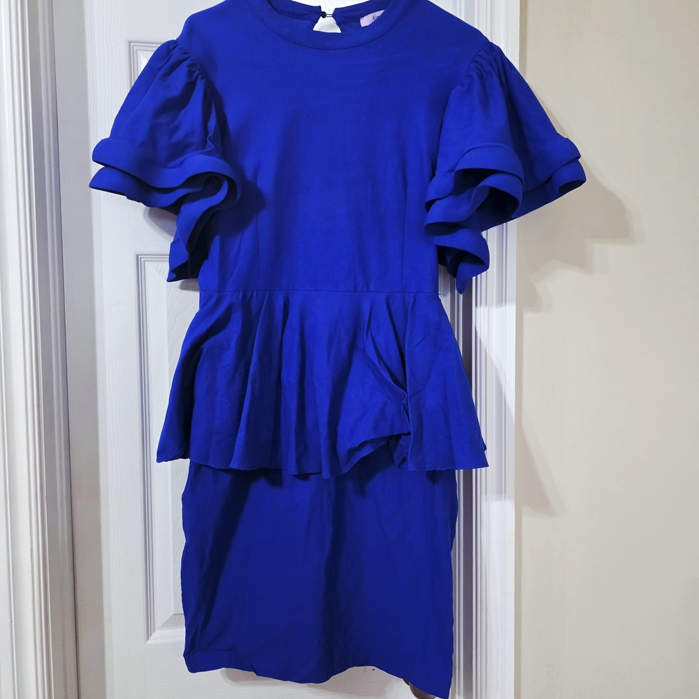 Bold Royal Blue Ruffle Sleeve Peplum Dress